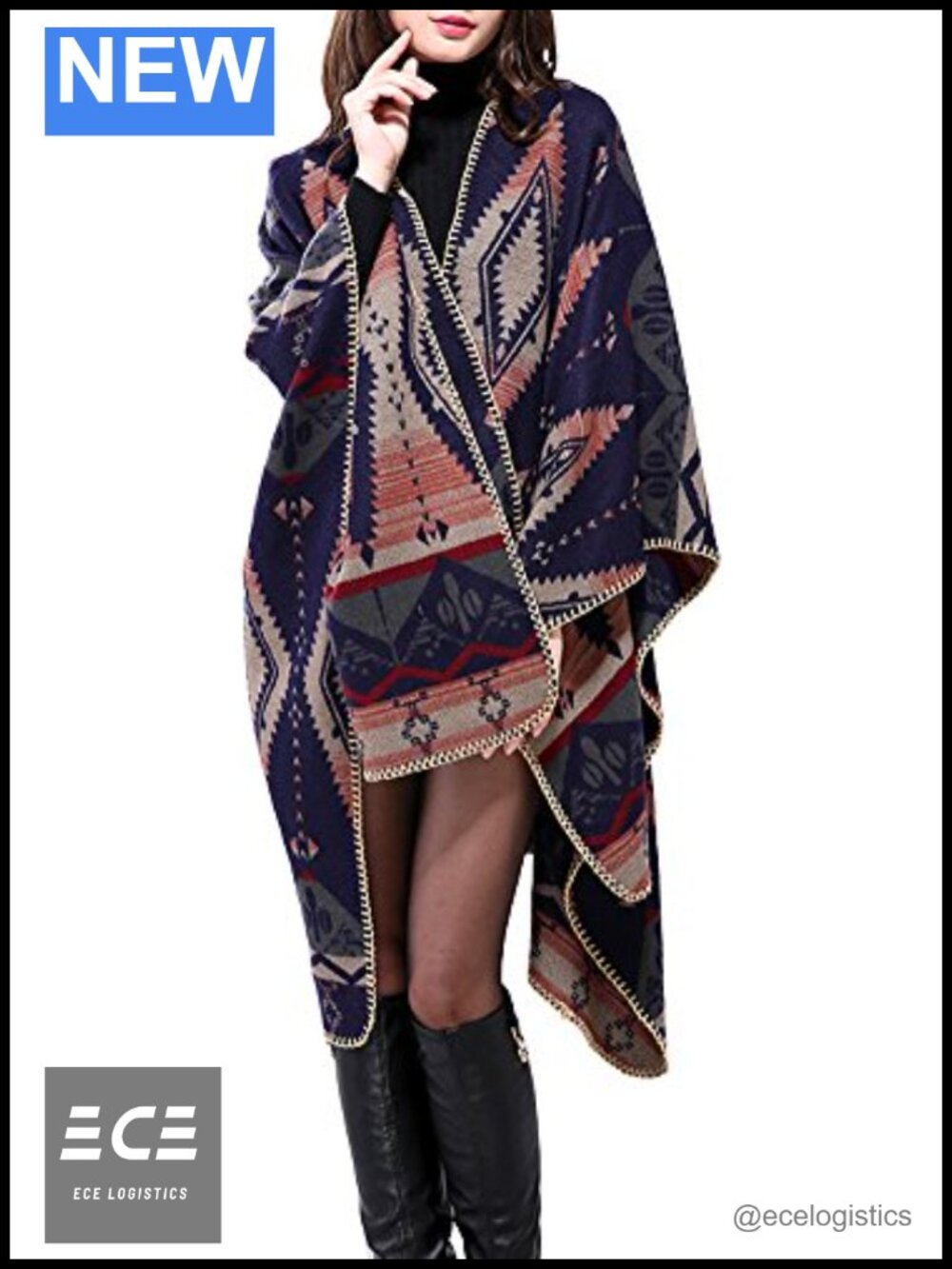 Women's Color Block Open Front Poncho Shawl Wrap Cape Ruana - Picture 3 of 6